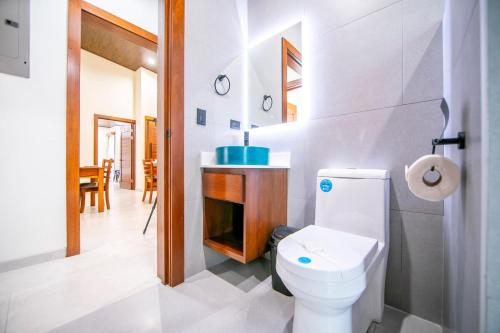 a white bathroom with a toilet and a fireplace at Villa Alma Verde in Fortuna