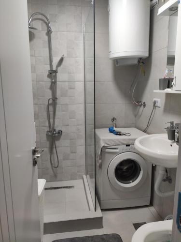ein Badezimmer mit Dusche und Waschmaschine in der Unterkunft KS Studio in Borča