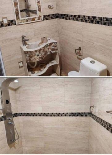 ein Badezimmer mit einem kaputten Waschbecken und einer kaputten Toilette in der Unterkunft Cabañas Aruba in Zacatlán