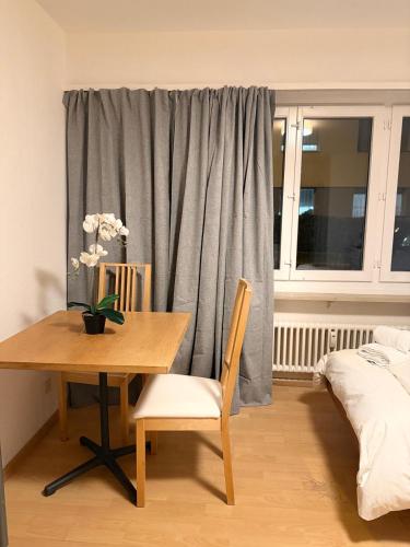 a table and chair in a room with a window at Hostel City Basel 306 in Basel