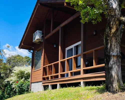 een houten huis met een boom ervoor bij Chalé Bienz - Hospedagem Rural in Urubici