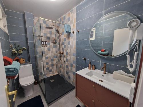 カイエンヌにあるStudio Selvaのシャワー、洗面台、鏡を備えたバスルーム