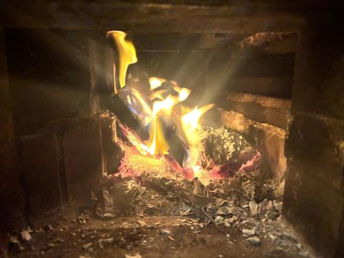 un incendie dans un four en briques avec des flammes dans l'établissement Granny's Cosy Cottage, 