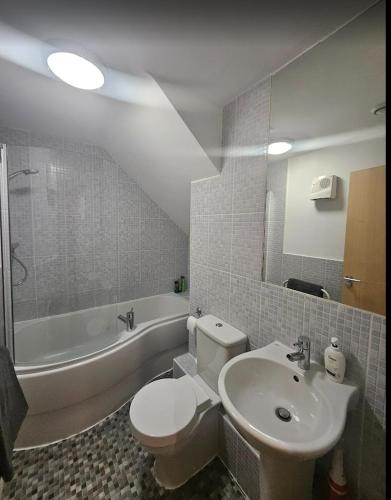 a bathroom with a toilet and a sink and a tub at Castle View Apartment, Cardiff City Centre in Cardiff