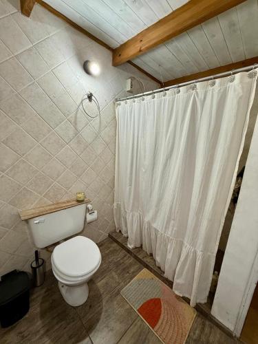 a bathroom with a toilet and a shower curtain at Casa Nani in Ituzaingó
