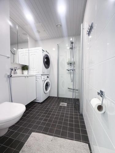 a bathroom with a toilet sink and a washing machine at Penthouse in the Oulu center in Oulu