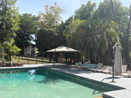 a swimming pool with an umbrella and chairs and a umbrella at Mowbray Park Holidays in Picton