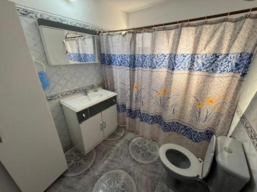uma casa de banho com um WC, um lavatório e uma cortina de chuveiro em El CHANFLE em Punta Del Diablo