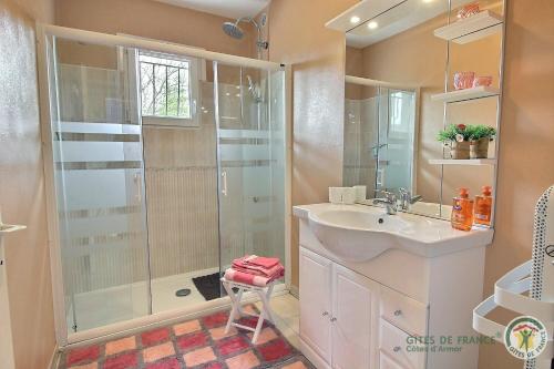 a bathroom with a shower and a sink at Le jardin in Plestin-les-Grèves