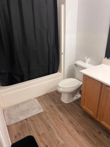 Un baño con inodoro y cortina de ducha en West Phoenix Value Room 5, en Phoenix