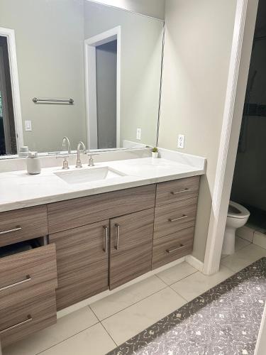a bathroom with a sink and a mirror at Spacious Basement with independent entry and yard in Issaquah