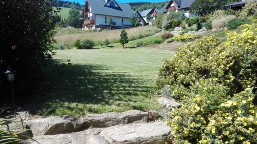 a field of grass with a house in the background at Penzion Kabourek in Vítkovice