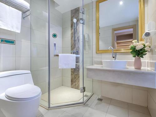 a bathroom with a toilet and a sink and a mirror at Vienna Hotel Shandong Zaozhuang Qingtan Road in Zaozhuang