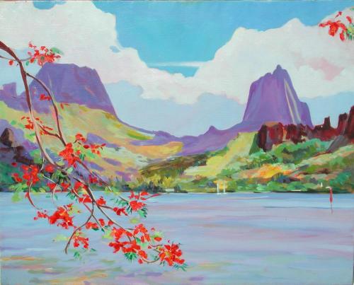 a painting of a lake with mountains and red flowers at Haut de Baie de Cook Moorea 6 nuits minimum in Paopao