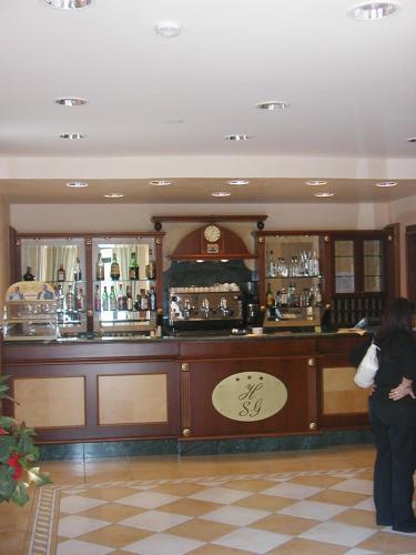 a woman standing in front of a bar at Hotel San Giorgio in San Nicola Arcella
