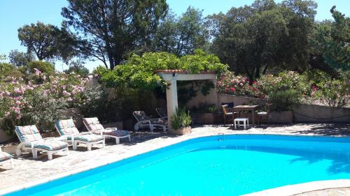 - une piscine avec des chaises, une table et des fleurs dans l'établissement La Pantoufle Verte, à Montauriol