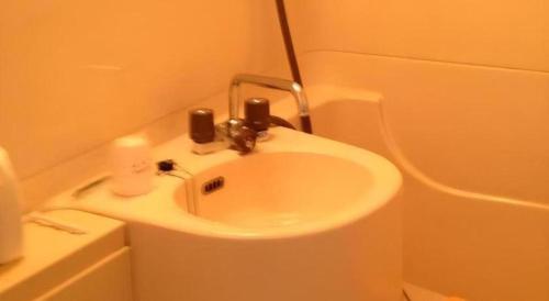 a bathroom with a white sink and a toilet at Hirosaki Ekimae Hotel in Hirosaki