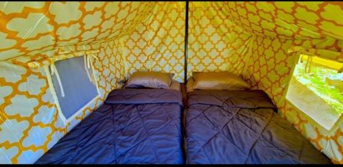 une chambre avec deux lits dans une tente dans l'établissement Organic styas manali, à Nagar