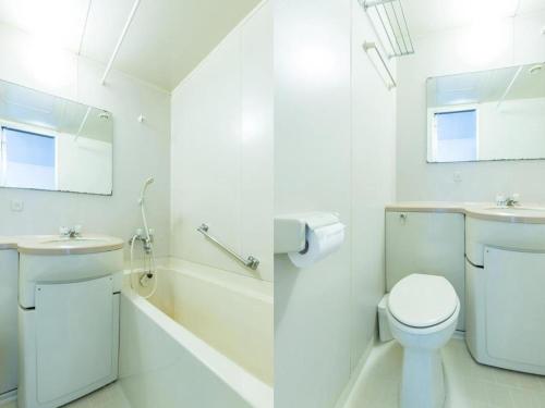 ein weißes Badezimmer mit Toilette und Waschbecken in der Unterkunft Tabist Joetsu Central Hotel Takada Nakamachi in Honchō