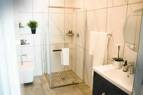 a bathroom with a shower with a sink and a toilet at Iconyc Apartment in Brentwood Park