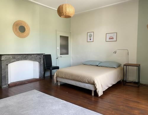 a bedroom with a bed and a fireplace at Grande maison centre ville in Laval