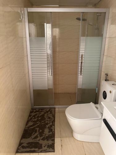 a bathroom with a shower and a toilet and a sink at Star Magic Camp in Wadi Rum