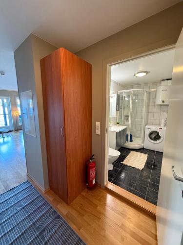 ein Badezimmer mit einem WC und einem Holzschrank in der Unterkunft Apartment in beautiful Korshamn by the sea in Korshamn