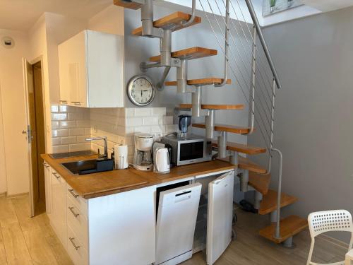 une cuisine avec un comptoir avec un micro-ondes et une étagère dans l'établissement Ksandramare, à Dziwnówek