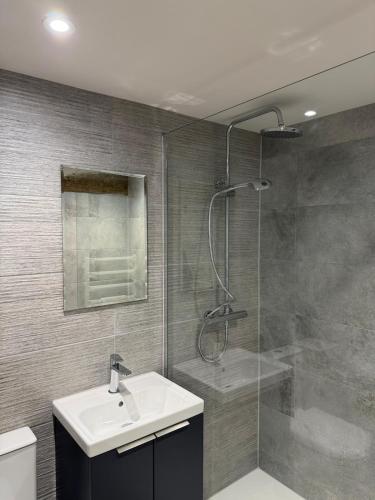 a bathroom with a shower and a sink and a toilet at The Hayloft our perfect countryside retreat in Stoney Middleton