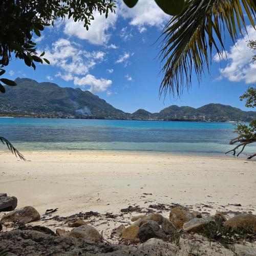 a view of a beach with mountains in the background at Surf Tropical Villa Seascape in Cerf Island