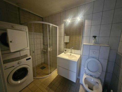 a bathroom with a toilet and a sink and a shower at Utsikten in Masfjorden