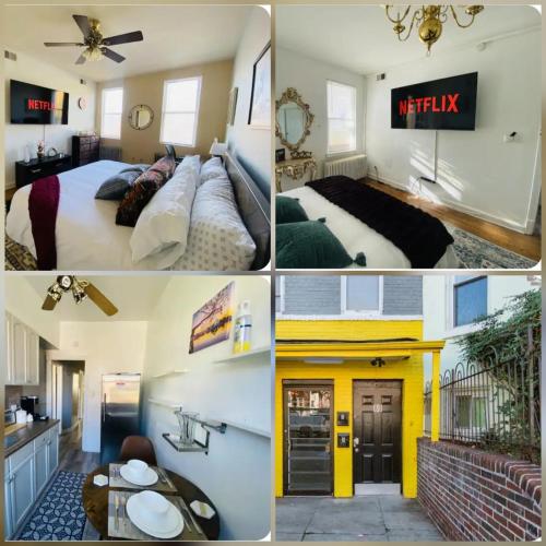 a collage of four pictures of a hotel room at Comfort & Cozy 2BR Family Stay at Downtown Washington DC in Washington, D.C.
