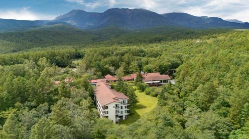 an aerial view of a house in the mountains at Yatsugatake Kogen Lodge in Minamimaki