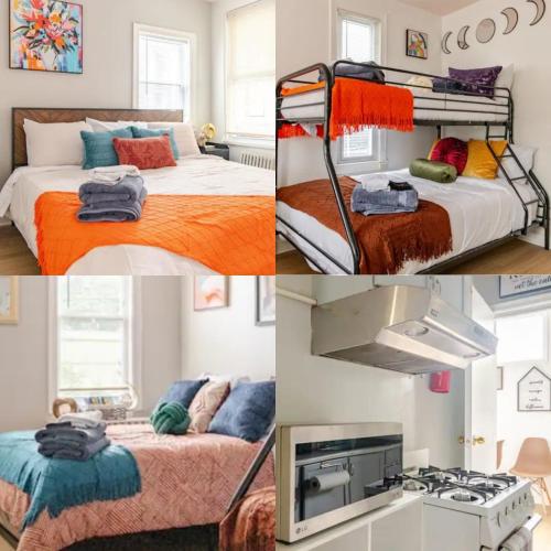 a collage of pictures of a bedroom with bunk beds at Stylish & Family Friendly 2BR at Downtown Washington DC in Washington, D.C.