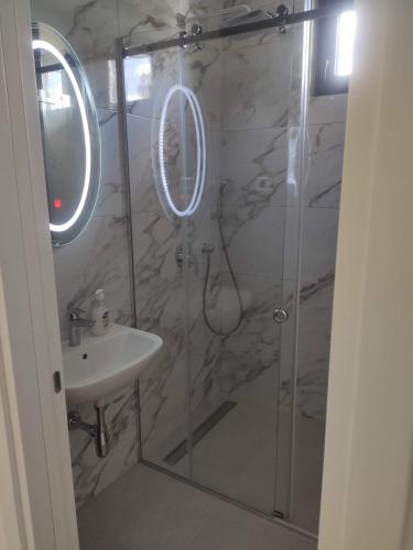 a bathroom with a shower and a sink at Xenia in Petrovaradin
