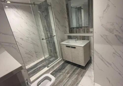 a bathroom with a shower and a toilet and a sink at City View Residence in Islamabad