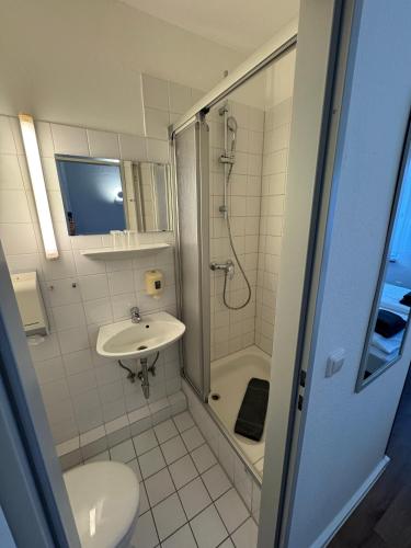 a bathroom with a shower and a toilet and a sink at Pension Bertramshof in Wismar