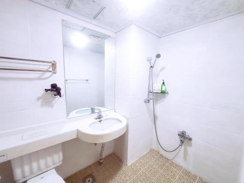 une salle de bain blanche avec lavabo et douche dans l'établissement Jeju Castle, à Seogwipo