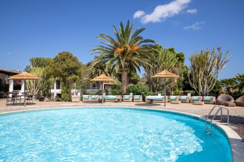 a swimming pool with a palm tree and umbrellas at Cormoran Residence in Villasimius
