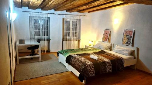 Un dormitorio con una cama y un escritorio. en City Rooms Steyr, en Steyr