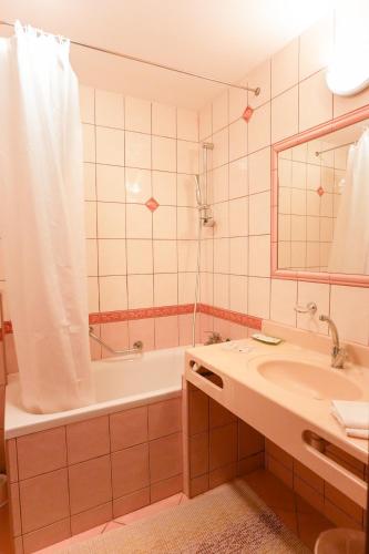 a bathroom with a tub and a sink and a mirror at Penzion Romantik in Dolná Streda