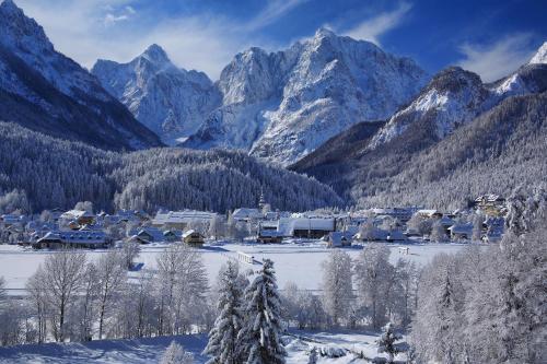 ein Dorf im Schnee mit Bergen im Hintergrund in der Unterkunft LES CHALET Kranjska Gora I in Kranjska Gora