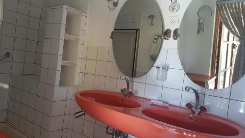 ein Badezimmer mit einem roten Waschbecken und einem Spiegel in der Unterkunft Gite Lagachon in Saint-Étienne-de-Boulogne