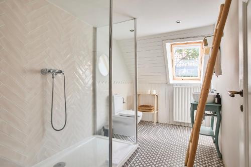 a bathroom with a shower and a toilet and a sink at Altes Fährhaus - Ferienwohnung Boven, 220 qm in Wewelsfleth