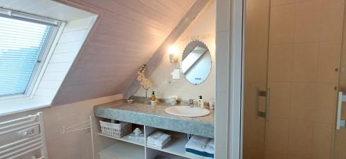 a bathroom with a sink and a mirror at Kerantum à10mn des baies de Douarnenez et Audierne avec cuisine à disposition in Mahalon
