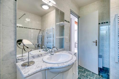 a bathroom with a sink and a shower and a mirror at Chez Anne Marie Et Daniel in Gardouch