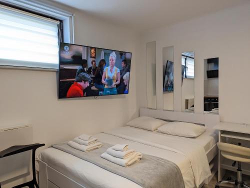 um quarto com duas camas e uma tv na parede em Cozy Condo in Tresnjevka em Zagreb