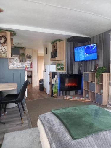 a living room with a bed and a tv on a wall at SANDY BAY STAYOVER in North Seaton