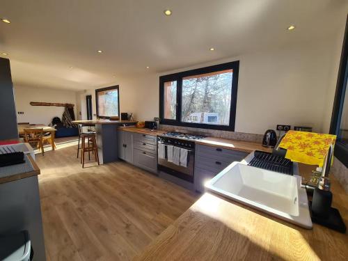 a kitchen with a sink and a stove top oven at Cocooon Wood, hébergement insolite Savoie in Saint-Paul-sur-Yenne