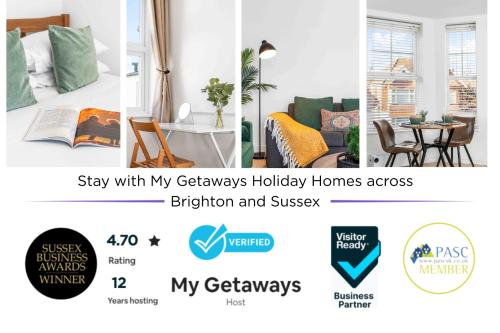 a collage of four photos of a living room at Queens Cove with Seaviews By My Getaways in Worthing